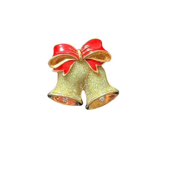 Vintage Gold-Tone Avon Christmas Bell Pin With Red Bow Accent & Glitter Detail - Picture 1 of 2